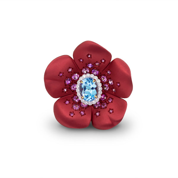Anillo flor topacio azul, diamantes y zafiros rosas